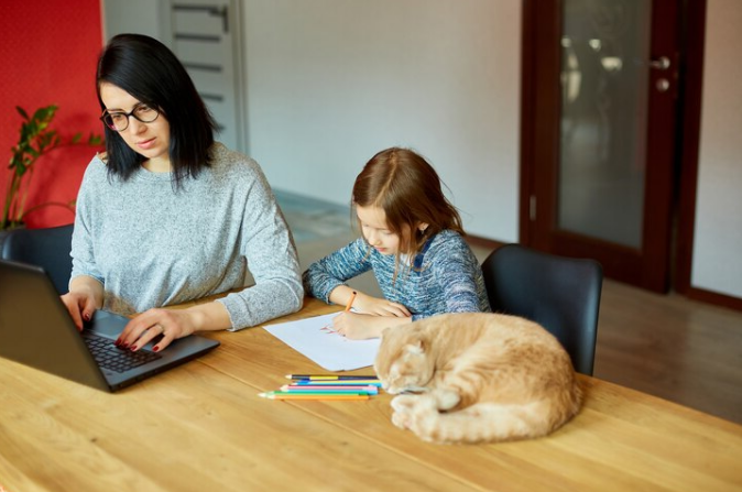 Mother working in her home office on a laptop, her daughter sits next to her and draw, scottish cat sitting on the table too. woman freelance, remote work and raising a child at workplace